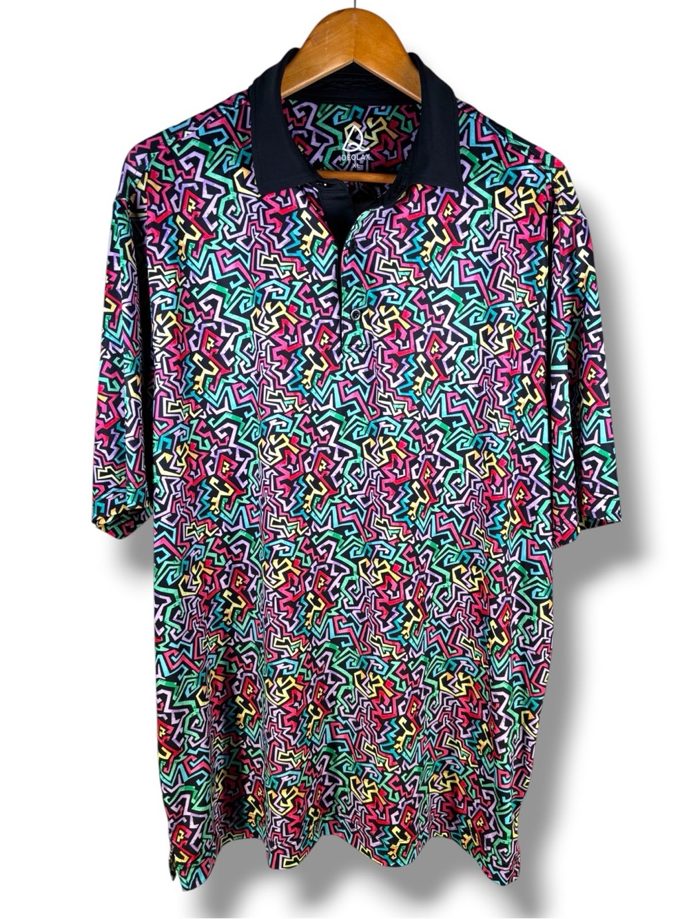 Deolax Men's Multicolor Geometric-Print Performance Golf Polo w/ Black Collar XL